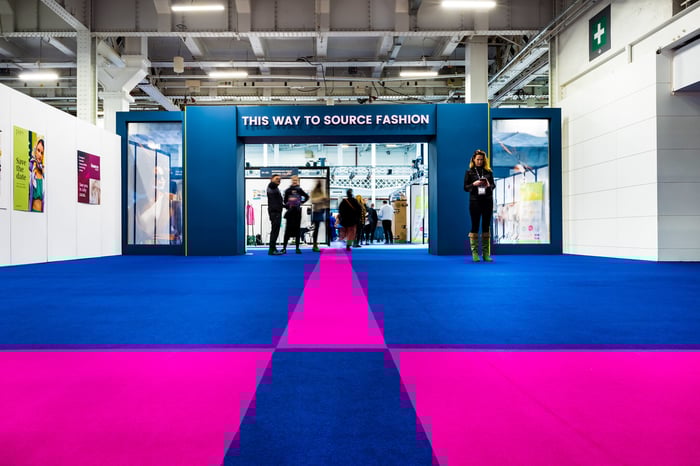 : Image of vibrant event floor covering delivered by GES at an exhibition.