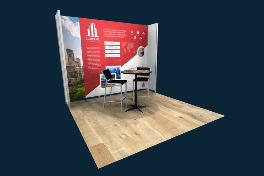 Exhibit Systems+ 10x10 trade show booth layout with seating for conversations